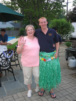 Deb Schnettler – Advisor and Bjorn Oxos SAC member ham it up at the Sr. Luau held at Dr. Liberty’s home.